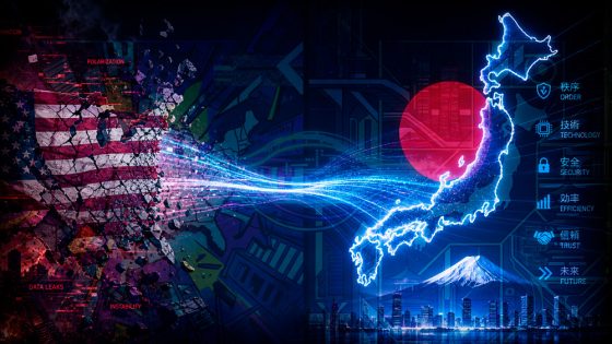 Futuristic map of Japan in blue with neon energy streams, a red sun, and tech/security icons on the right; US flag fragments on the left.