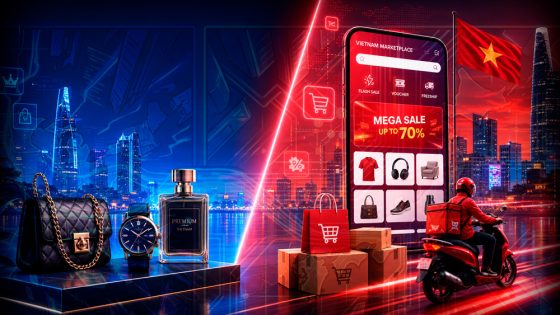 Luxury items (purse, watch, perfume) beside a smartphone advertising a mega sale in Vietnam, with a delivery rider and boxes in a neon cityscape on the right.