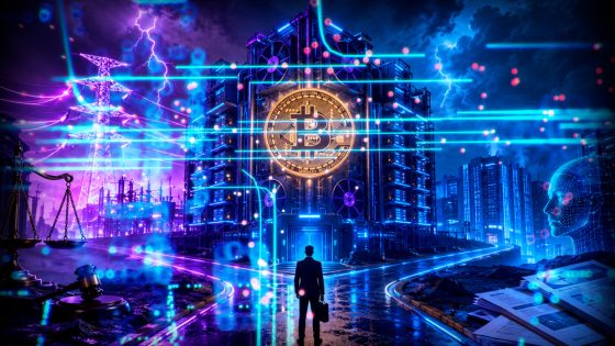 Futuristic crypto mining facility with a glowing Bitcoin emblem on a central tower amid neon-blue circuitry and lightning-like effects.