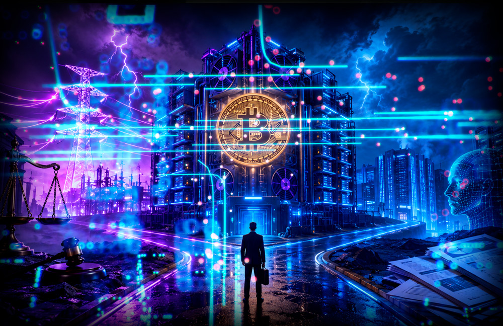 Futuristic crypto mining facility with a glowing Bitcoin emblem on a central tower amid neon-blue circuitry and lightning-like effects.