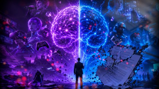 Silhouetted man stands before a glowing split-brain portal, purple on the left and blue on the right, surrounded by futuristic game scenes and debris.
