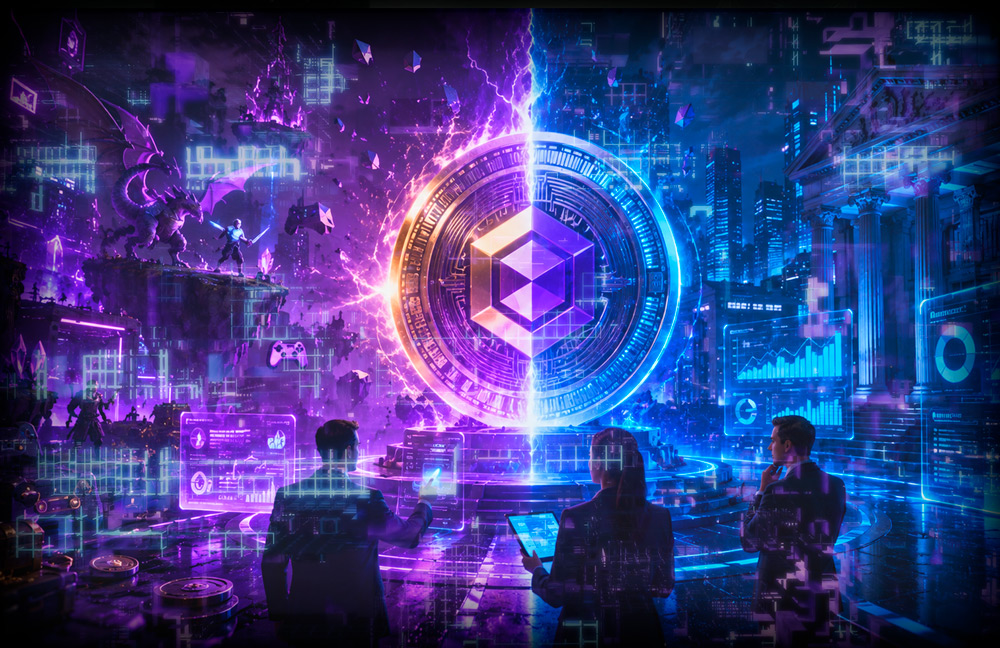 Futuristic control room with neon purple and blue holographic dashboards surrounding a central glowing circular chamber containing a geometric cube motif.** Don't include asterisks.