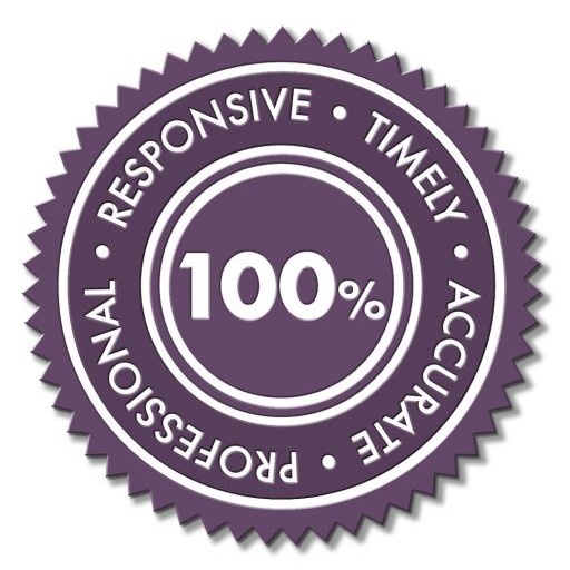 Purple circular seal badge with 100% in the center and the keywords Responsive, Timely, Accurate, Professional around the edge indicating quality guarantees.