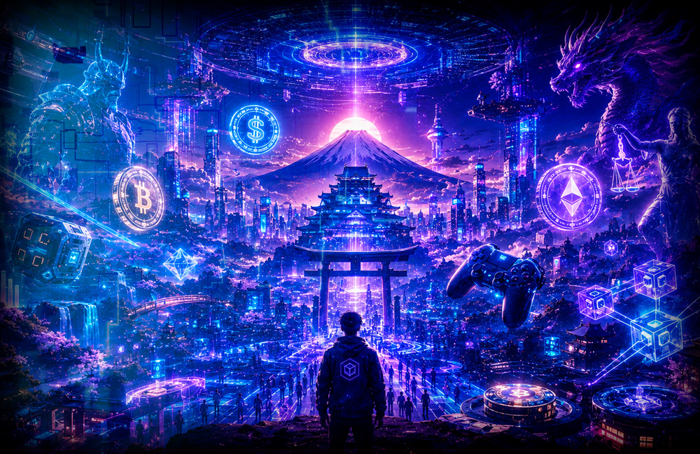 Futuristic neon city at night with a central pagoda, torii gate, and a lone figure facing glowing crypto icons and holograms.Paraphrase: A lone figure gazes toward a luminous metaverse city filled with crypto symbols and holographic elements.