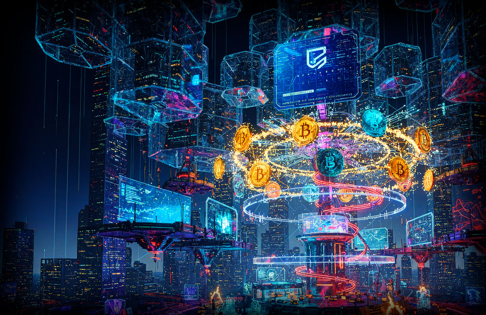 Futuristic cityscape with glowing blockchain holograms and floating Bitcoin icons in neon blue and orange.